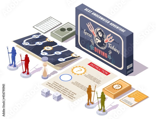 Spear Fishing board game, flat vector isometric illustration. Diving table game pieces or components.
