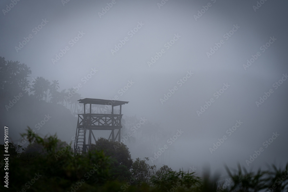 Military Wooden watch tower in the jungle surrounded by mystic fog. Dangerous concept Military Wooden watch tower in the jungle surrounded by mystic fog. Dangerous concept