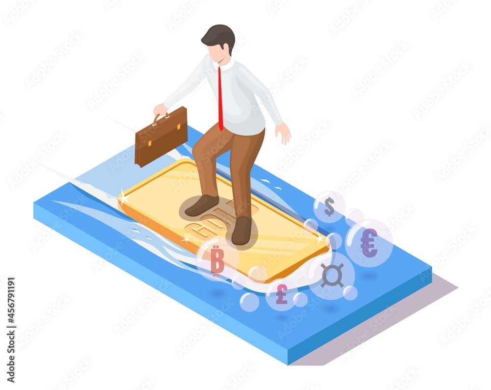 Surfer businessman with suitcase riding gold ingot on ocean wave, vector isometric illustration. Investing in gold.