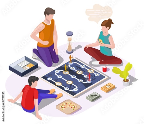 Happy family with kid playing board game sitting on the floor, vector isometric illustration. Home leisure activities.