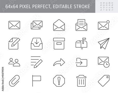Mail line icons. Vector illustration include icon - postbox, label, letter, email, envelope, spam, document attachment outline pictogram for postal service. 64x64 Pixel Perfect, Editable Stroke photo