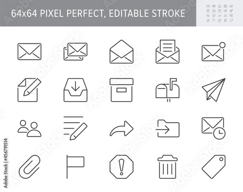 Mail line icons. Vector illustration include icon - postbox, label, letter, email, envelope, spam, document attachment outline pictogram for postal service. 64x64 Pixel Perfect, Editable Stroke