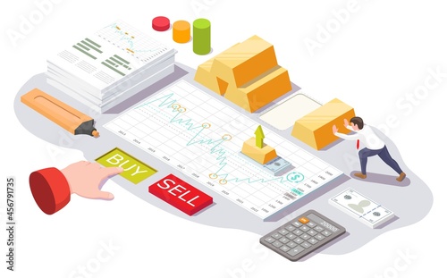 Businessman buying gold ingots, vector isometric illustration. Investing in gold concept.
