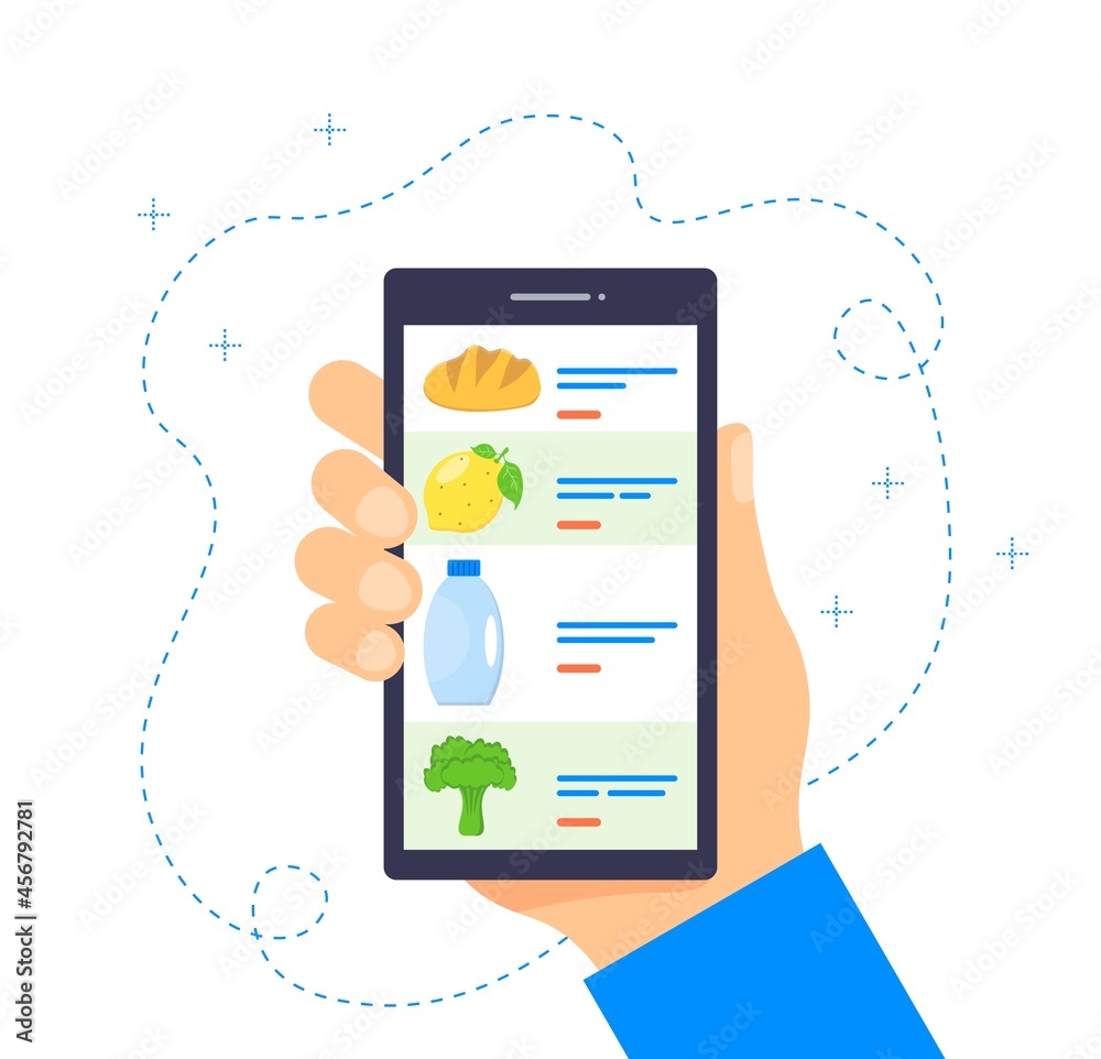 Order grocery online. Buying groceries online using a mobile app. Food delivery concept. Ordering food using a smartphone. Isolated illustration on a white background. Order grocery online. Buying groceries online using a mobile app. Food delivery concept. Ordering food using a smartphone. Isolated illustration on a white background.