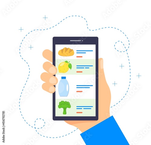 Order grocery online. Buying groceries online using a mobile app. Food delivery concept. Ordering food using a smartphone. Isolated illustration on a white background.