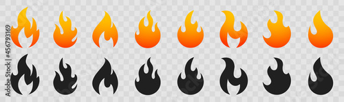 Fire icons for design. concept flame, fire, icon. Set of red and orange fire flame. Collection of fire icons. Fire icons set. Fire flames. Vector illustration.