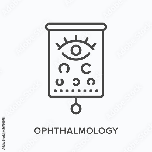 Ophthalmology flat line icon. Vector outline illustration of optometry examination. Black thin linear pictogram for eye medical test