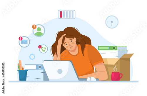 Tired office worker.Professional burnout syndrome.Sad, unhappy woman at workplace with paper document piles vector illustration.
Deadline concept.Busy overworked woman with laptop holding hand on head