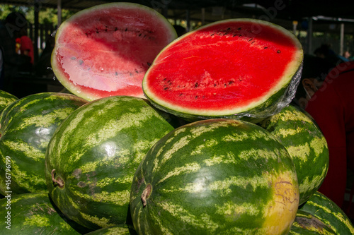 Lots of ripe watermelons. Selling watermelons at the grocery market.