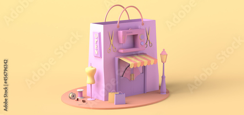 Fashion clothing boutique concept with mannequin and shopping bag. Copy space. 3D illustration. photo