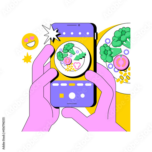 Food blogging abstract concept vector illustration. Food hunter review, appetizing photos, social media, attract followers, blog post, online cooking, streaming, street food abstract metaphor.