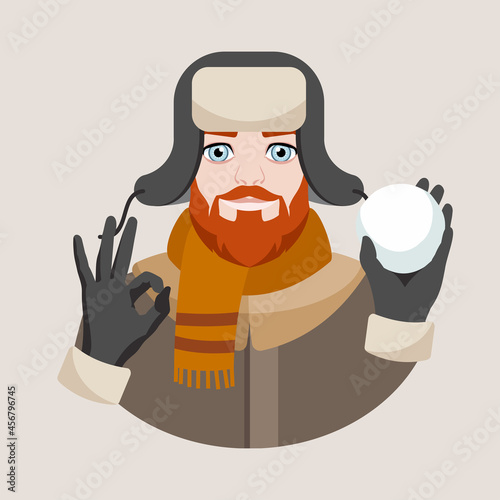 The avatar of a young man in a hat with earflaps and a winter coat holds a snowball in his hand. Winter. Flat vector illustration.