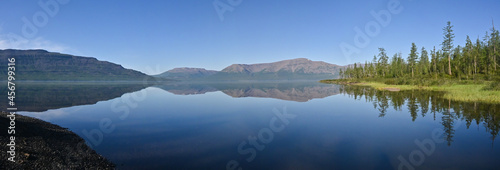 Panorama of a mountain lake on the Putorana plateau.