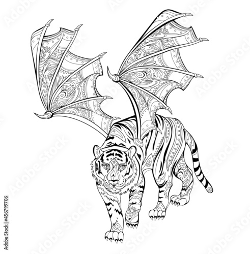 Fantastic warlike tiger with wings. Coloring book. Printable image for logo, tattoo, jewelry, decoration, print. Black and white vector drawing. Illustration of legendary Chinese sacred animal.