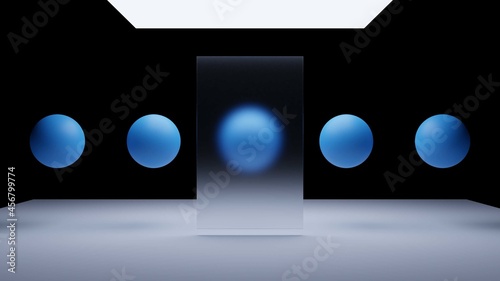 Blues spheres of balls on gray background. Flowing blue soft spheres. Abstract background with dynamic 3d spheres.