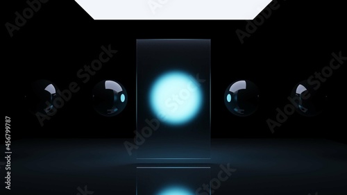 Blues spheres of balls on gray background. Flowing blue soft spheres. Abstract background with dynamic 3d spheres.