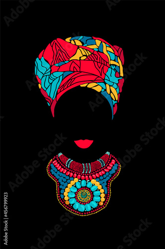 Vector illustration of the traditional headdress and necklace of an African woman.