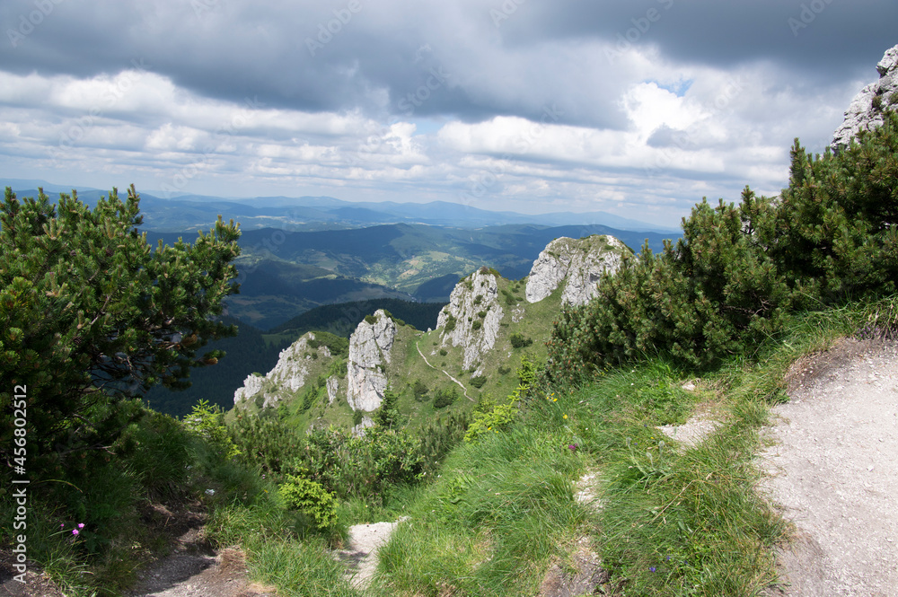 Ridgeway and amazing green wide views in Mala Fatra mountains in Slovakia, summer season sceneries and beautiful rocks 