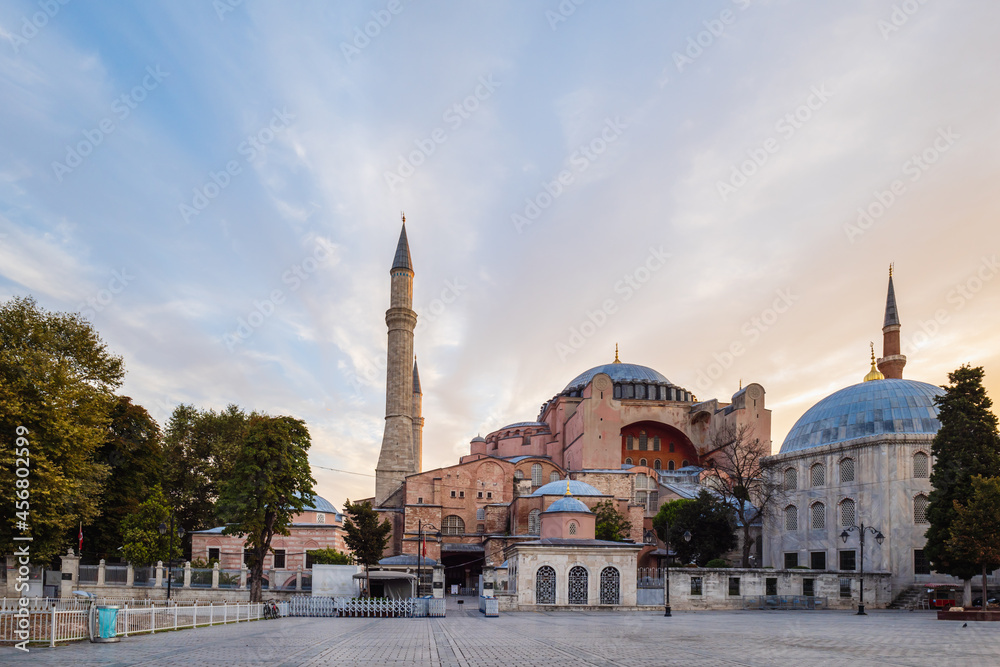 Hagia Sophia at dawn, famous landmark of Istanbul taken in old town Sultanahmet area in Turkey