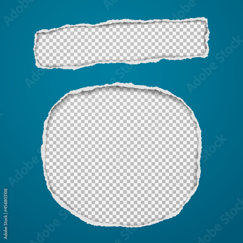 Blue oblong and round hole composition in paper with torn edges and soft shadow is on squared grey background. Vector illustration
