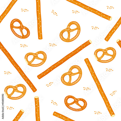 Seamless pattern of snacks, pretzels, salty sticks.