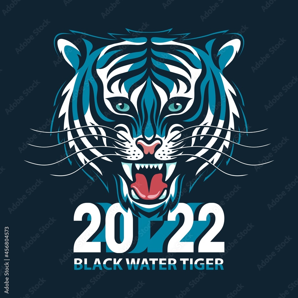 Black water tiger - symbol of the 2022 new year. Head of roaring tiger. Vector illustration. Black water tiger - symbol of the 2022 new year. Head of roaring tiger. Vector illustration.