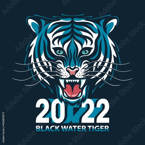 Black water tiger - symbol of the 2022 new year. Head of roaring tiger. Vector illustration.
