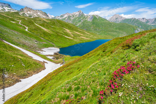 Fototapeta Naklejka Na Ścianę i Meble -  Beautiful landscape at the Little Saint Bernard Pass on a summer afternoon, between Italy and France.