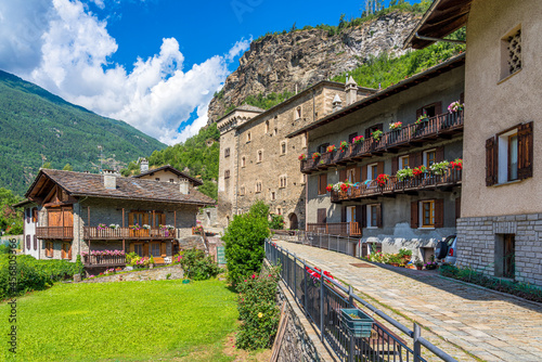 The beautiful village of Avise on a sunny summer morning. Aosta Valley, Italy.