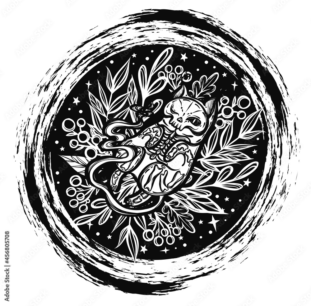 Halloween vector composition with mystical cat skeleton lies in the grass, portal. Adult coloring book page. Tattoo art, t-shirt design