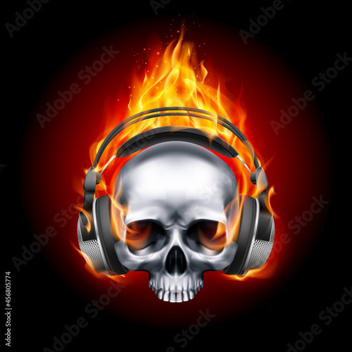 Flaming Metall Skull Music with Headphone or Human Skull Listening to Music Earphone Decorated at Halloween Party on Fire