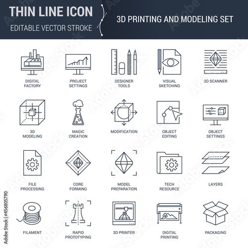 Icons Set of 3D Printing and Modeling. Premium Quality Outline Symbol Collection. Simple Mono Linear Pictogram Pack for Infographics, Presentations, User Interface, etc.