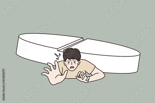 Addiction to drugs and healthcare concept. Young stressed man lying on ground crushed by huge white pill medical treatment vector illustration