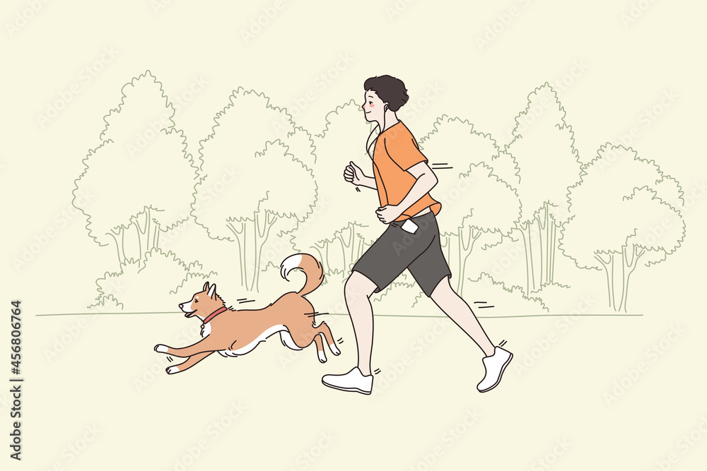 Spending time and sport with pets concept. Young smiling man running jogging in park with his dog running aside having fun and doing training together vector illustration 