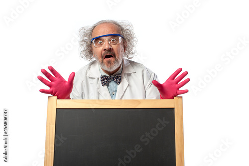 Mad Scientist and a blank chalkboard photo