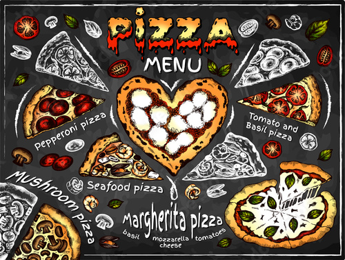 Sketch drawing poster of Pizza menu on chalkboard. Colorful italian food card. Line art mozzarella cheese, Margherita, mushroom, pepperoni, tomato, seafood pizza. Pizzeria design. Vector illustration.