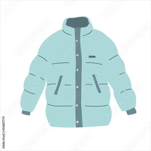 Blue winter zipped down jacket isolated vector on the white background. padded jacket with buttons. Blue hand drawing flat