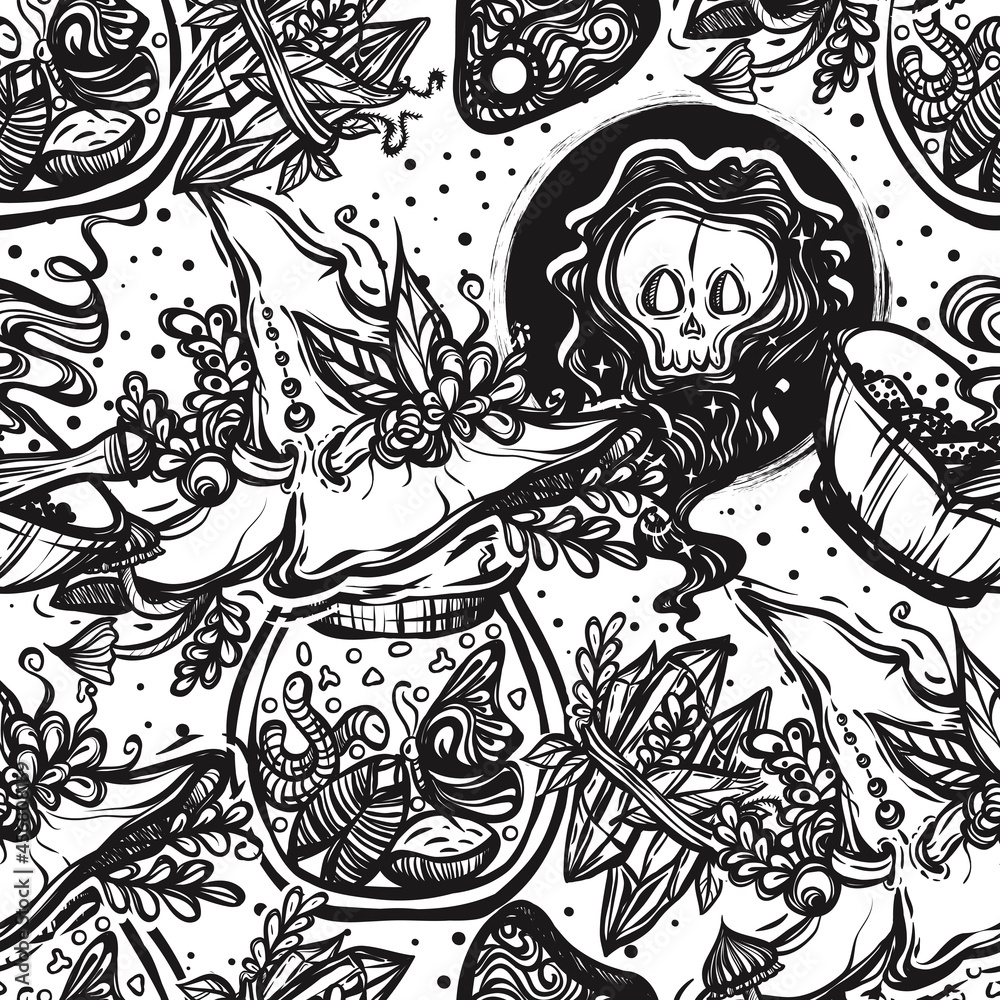 Vector illustration, Halloween, mystic, witchcraft, bottles of potion, witch hat, ghost. handmade, prints, seamless pattern, background white Vector illustration, Halloween, mystic, witchcraft, bottles of potion, witch hat, ghost. handmade, prints, seamless pattern, background white