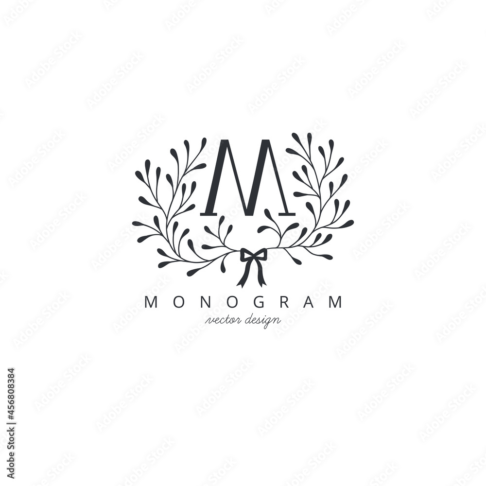 Vector Hand Drawn floral M monogram. Graphic elegant logo with letter M. Vector Hand Drawn floral M monogram. Graphic elegant logo with letter M.