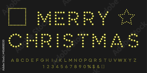 Gold Merry Christmas font with frames. Vintage symbols with numbers.