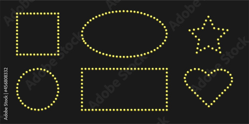 Gold square and oval frames with marquee bulb. Vintage shiny signboard with neon light. Warm led lit.