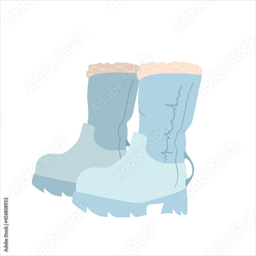 Two Blue rough female boots with fur on the platform isolated on white background. flat hand drawn picture in cartoon style Closeup view