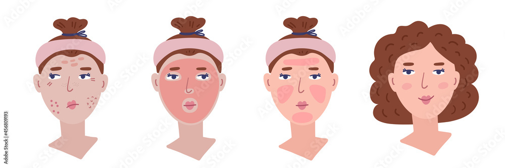 Illustration diagram of the application of a mask or cosmetic product for the face. Pretty girl is doing the procedure. Illustration diagram of the application of a mask or cosmetic product for the face. Pretty girl is doing the procedure.