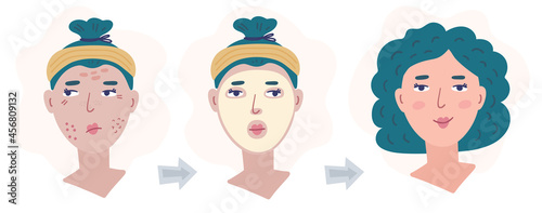 Illustration diagram of the application of a mask or cosmetic product for the face. Pretty girl is doing the procedure.