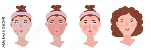 Illustration diagram of the application of a mask or cosmetic product for the face. Pretty girl is doing the procedure.
