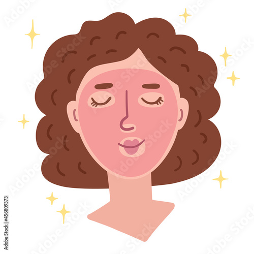 Illustration of a cute girl with a mask on her face. Suitable for demonstration of peeling, masks, cosmetic skin care products.