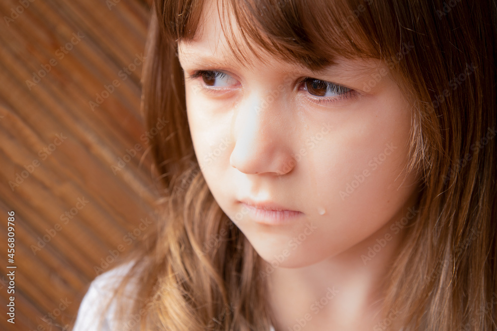 The girl is crying. A child with a sad face and a tear on his cheek The girl is crying. A child with a sad face and a tear on his cheek