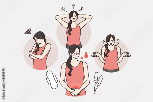 Pms and mood before menstruation concept. Young irritated woman cartoon character feeling depressed angry and pain in belly during periods vector illustration 