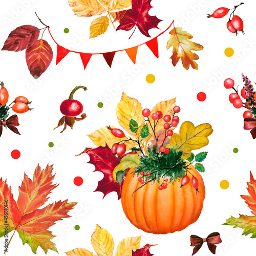 Hand drawn watercolor seamless patterns set with autumn elements. Orange pumpkin, falling leaves, heather and berries bouquets isolated on white background. Thanksgiving and Halloween party decoration
