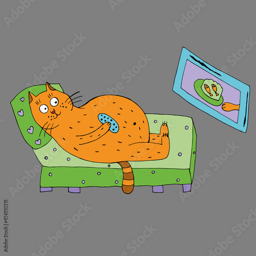 A funny cat watches TV, holds a TV remote control in his hands. Vector. Cartoon. Coloring pages for children and adults. Comics. Doodles